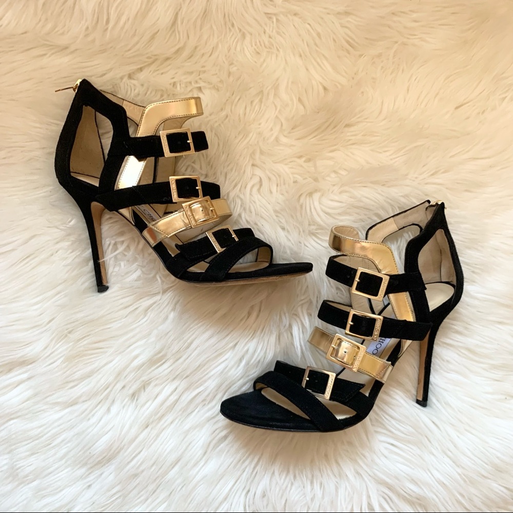 JIMMY CHOO Logo Bronx Strappy Suede Leather Heels - Picture 5 of 15